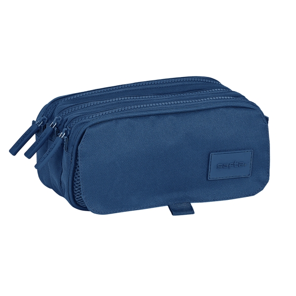 Safta Basic Portatodo - 3 Compartimentos con Cremalleras - Bolsillo Frontal - Cinta Adaptable - 1.72L - 215x80x100mm - Color Azul Marino