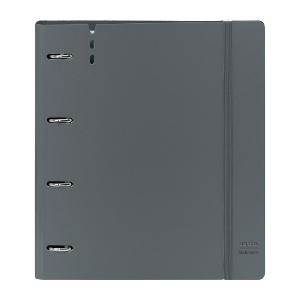 Safta Carpeta con 4 Anillas 35mm - Tapas de PP Foam - Recambio 100 Hojas - Cierre Elastico - Ranura para Boligrafo - Solapa Interior - 270x40x320mm - Color Gris