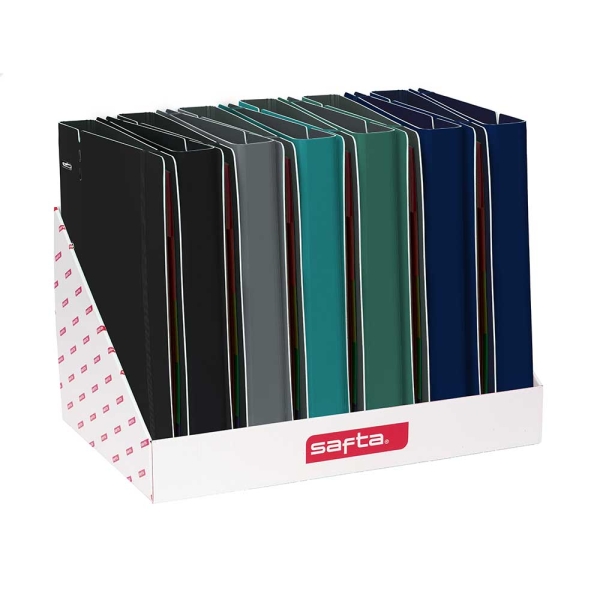 Safta Expositor con 12 Carpetas de 4 Anillas 35mm - Tapas de PP Foam - Cierre Elastico - Ranura para Boligrafo - Incluye 100 Hojas A4 - Cuadricula 5x5mm - Colores Surtidos
