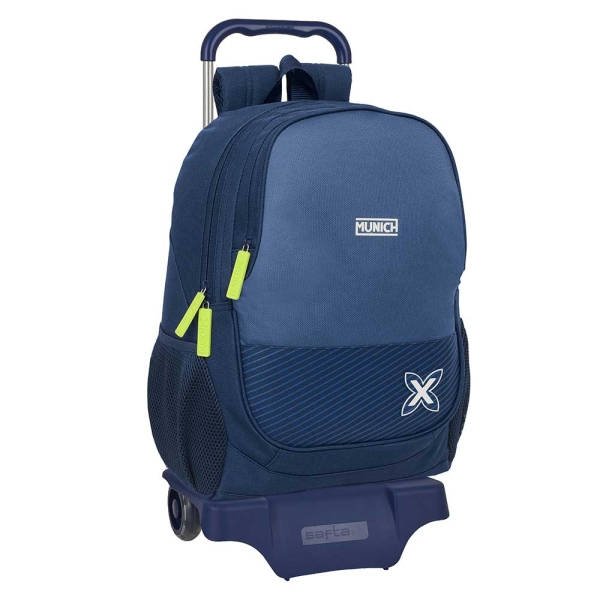 Safta Munich Blue Indigo Mochila con Carro - 2 Compartimentos - Portabotellas - Tirador Doble - Hombreras Ergonomicas - Mochila Extraible - Ruedas de Goma - 320x160x440mm - Color Azul Marino