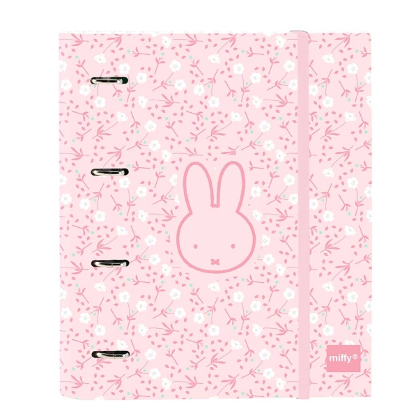Safta Miffy Flores Carpeta con 4 Anillas 35mm - Tapas Duras Forradas - Recambio 100 Hojas - Cierre Elastico - Cuadricula 5x5mm - Gramaje de 80g/m2 - 270x35x320mm - Color Rosa