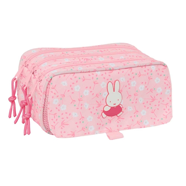 Safta Miffy Flores Portatodo - 3 Compartimentos con Cremalleras - Bolsillo Frontal - Cinta Adaptable - 1.72L - 215x80x100mm - Color Rosa