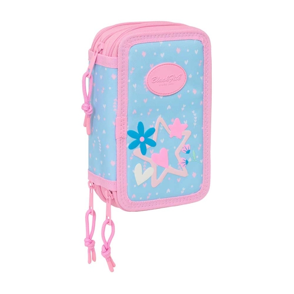 Safta Blackfit8 Smile Plumier de 3 Pisos - 37 Piezas - 1.3L - Goma - Lapiz - Boligrafos - Sacapuntas - Reglas - 16 Colores - 14 Rotuladores - 125x55x195mm - Color Azul Claro