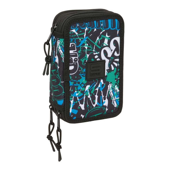 Safta Graffiti Go Plumier de 3 Pisos - 37 Piezas - 1.3L - Goma - Lapiz - Boligrafos - Sacapuntas - Reglas - 16 Colores - 14 Rotuladores - 125x55x195mm - Color Azul Oscuro