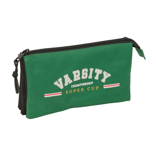 Safta Blackfit8 Varsity Portatodo - 3 Compartimentos con Cremalleras - Bolsillo Interior - 0.6L - 220x30x120mm - Color Negro y Verde