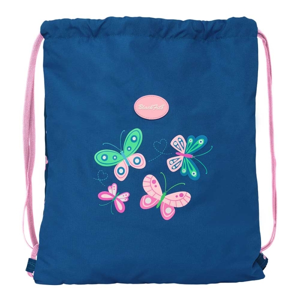 Safta Blackfit8 Mariposas Saco Plano - Bolsillo con Cremallera - Cierre con Cordones - 5L - 350x10x400mm - Color Azul Marino