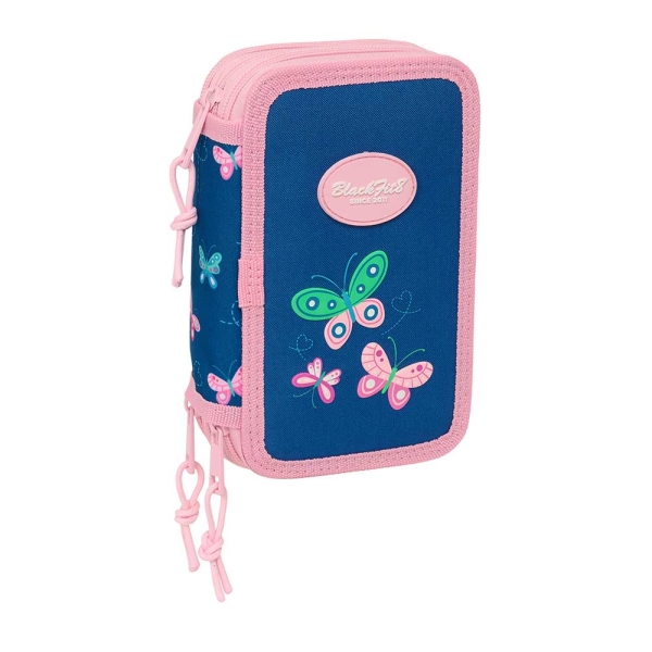 Safta Blackfit8 Mariposas Plumier de 3 Pisos - 37 Piezas - 1.3L - Goma - Lapiz - Boligrafos - Sacapuntas - Reglas - 16 Colores - 14 Rotuladores - 125x55x195mm - Color Azul Marino