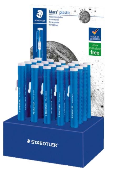Staedtler Mars Plastic 528 50 Expositor con 20 Portagomas en Forma de Lapiz - Con Cursor para Deslizar la Goma - Sin Ftalatos ni Latex