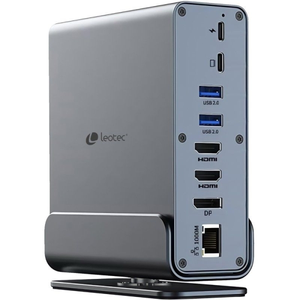 Leotec LEDS06 Docking Station USB C 15 en 1 - 2x HDMI 4K + DisplayPort - Power Delivery 100W - Ethernet Gigabit - 5x USB + USB C - Lector SD y MicroSD - Jack 3.5 mm - Color Gris Aluminio