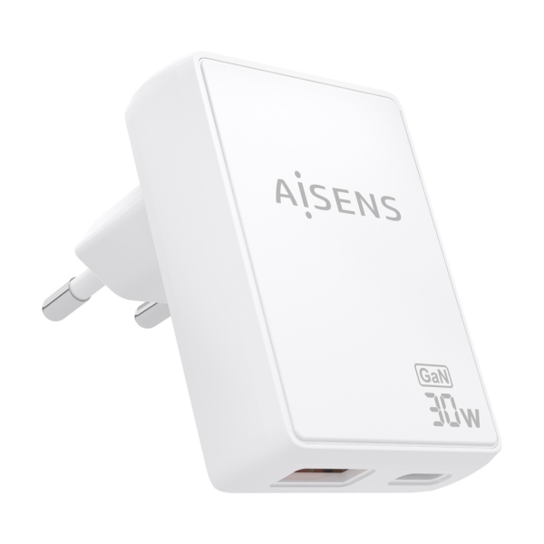 Aisens Cargador GaN Ultra Delgado 30W - 1xUSB-C PD3.0 QC4.0 - 1xUSB-A QC3.0 - Tecnologia AI - Color Blanco