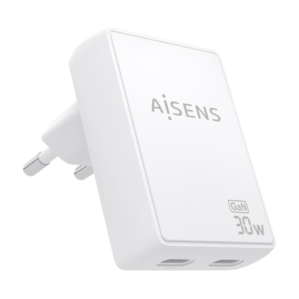 Aisens Cargador GaN Ultra Delgado 30W - 2xUSB-C PD3.0 QC4.0 - Tecnologia AI - Color Blanco