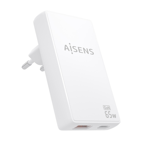 Aisens Cargador GaN Ultra Delgado 65W - 1xUSB-C PD3.0 QC4.0 - 1xUSB-A QC3.0 - Tecnologia AI - Color Blanco
