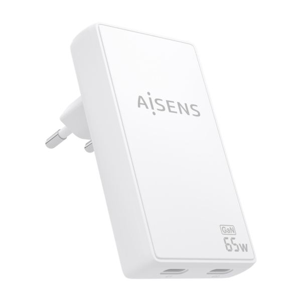 Aisens Cargador GaN Ultra Delgado 65W - 2xUSB-C PD3.0 QC4.0 - Tecnologia AI - Color Blanco