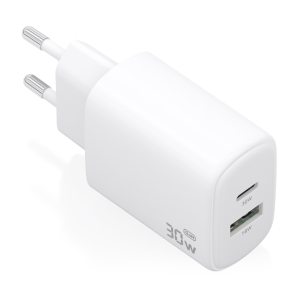 Aisens Cargador GaN 30W - 1xUSB-C PD3.0 QC4.0 - 1xUSB-A QC3.0 - Tecnologia AI - Color Blanco
