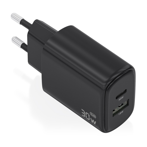 Aisens Cargador GaN 30W - 1xUSB-C PD3.0 QC4.0 - 1xUSB-A QC3.0 - Tecnologia AI - Color Negro