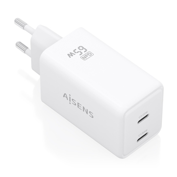 Aisens Cargador GaN 65W - 2xUSB-C PD3.0 QC4.0 - Tecnologia AI - Color Blanco