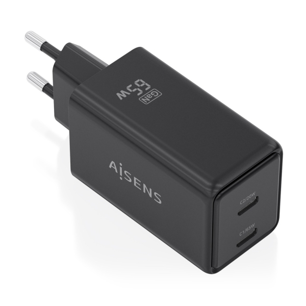 Aisens Cargador GaN 65W - 2xUSB-C PD3.0 QC4.0 - Tecnologia AI - Color Negro