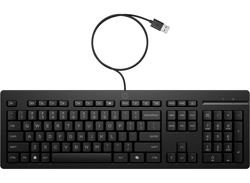 HP 125 Teclado USB G2 - Tecla Copilot IA - Patas Ajustables - Indicadores LED (Num/Caps) - Teclas de Embrague Tipo Plunger - Fabricado con Plastico Reciclado - Color Negro