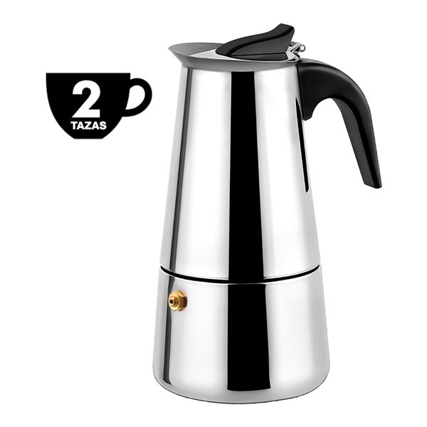 Muvip Cafetera Italiana de Acero Inoxidable - Capacidad para 2 Tazas - Compatible con Diferentes Tipos de Cocinas - Asa Ergonomica para un Manejo Seguro