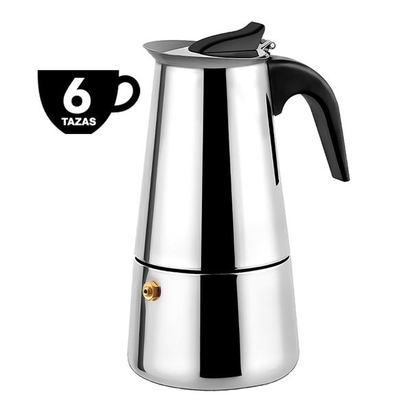 Muvip Cafetera Italiana de Acero Inoxidable - Capacidad para 6 Tazas - Compatible con Diferentes Tipos de Cocinas - Asa Ergonomica para un Manejo Seguro