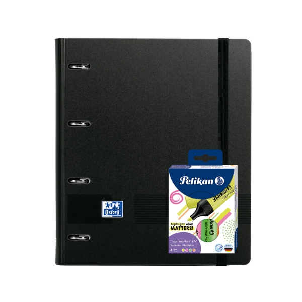 Oxford Europeanbinder Live & Go A4+ Pack con Carpeta Tamaño A4+ con Recambio de 100 Hojas + Pack con 4 Marcadores Pelikan Testmarker 490 - Tapa de Plastico Polyfoam - Cierre con Goma - Color Negro