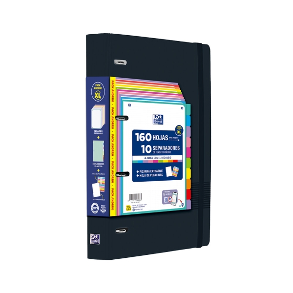 Oxford Europeanbinder Live & Go XL Pack con Carpeta A4+ con Recambio de 160 Hojas Cuadricula 5x5 + 10 Separadores de Plastico + Hoja con Stickers Removibles + Pizarra Write & Eraser - Tapa de Plastico Polyfoam - Cierre con Goma - Color Negro