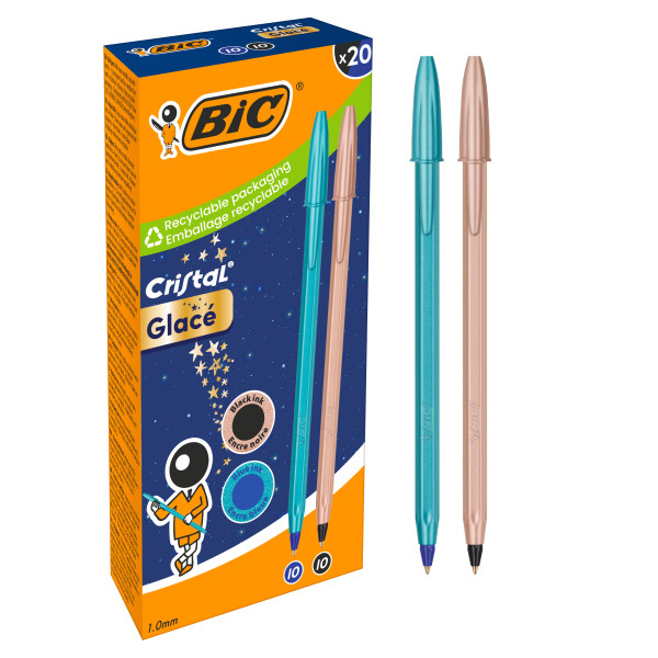 Bic Cristal Glace Pack con 20 Boligrafos de Bola - Cuerpo Opaco en Color Azul Metalizado Mate y Cobre Mate - Punta Redonda de 1mm - Trazo 0.4mm - Tinta con Base de Aceite - Color de la Tinta 10x Azul, 10x Negro
