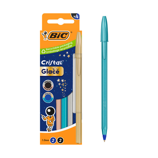 Bic Cristal Glace Pack con 4 Boligrafos de Bola - Cuerpo Opaco en Colores Metalizados Mate - Punta Redonda de 1mm - Trazo 0.4mm - Tinta con Base de Aceite - Color de la Tinta Azul y Negro