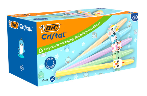 Bic Cristal Pastel Figurines Pack con 20 Boligrafos de Bola - Cuerpo Opaco en Colores Pastel con Figuras de Animales - Punta Redonda de 1mm - Trazo 0.4mm - Tinta con Base de Aceite - Color de la Tinta Azul