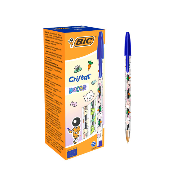 Bic Cristal Decor Kawaii Boligrafo de Bola - Cuerpo Transparente con Decoracion Kawaii - Punta redonda de 1mm - Trazo 0.4mm - Tinta con Base de Aceite - Color de la Tinta Azul