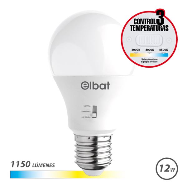Elbat Bombilla LED A60 - 12W - 1150Lm - E27 - Selector de Luz - Calida 3000K, Blanca 4000K y Fria 6500K