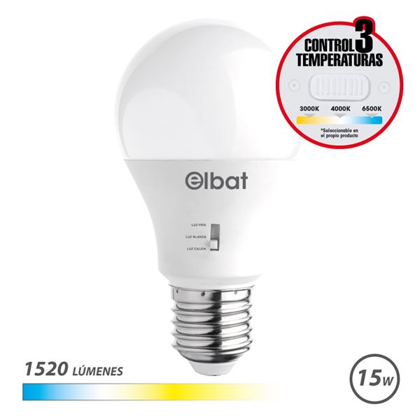 Elbat Bombilla LED A60 - 15W - 1520Lm - E27 - Selector de Luz - Calida 3000K, Blanca 4000K y Fria 6500K