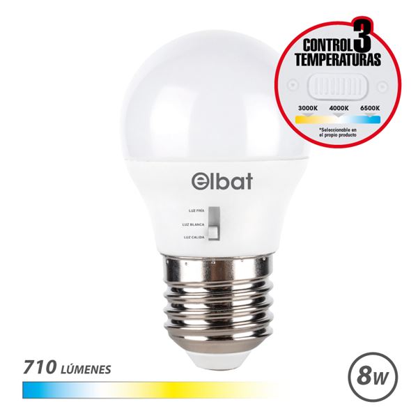 Elbat Bombilla LED G45 - 8W - 710Lm - E27 - Selector de Luz - Calida 3000K, Blanca 4000K y Fria 6500K