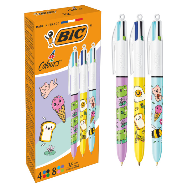 Bic 4 Colours Decors Kawaii Boligrafo de Bola Retractil - Punta Media de 1.0mm - Tinta con Base de Aceite - Cuerpo Decorado con Dibujos Kawaii - 4 Colores de Tinta