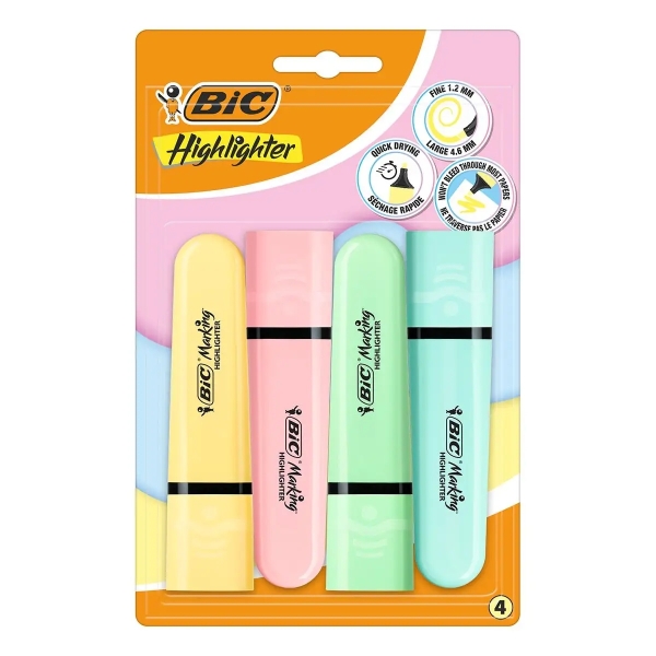 Bic Marking Highlighter Flat Pastel Pack de 4 Marcadores Fluorescentes - Punta Biselada - Trazo entre 1.20 y 4.60 mm - Tinta con Base de Agua - Colores Pastel Surtidos