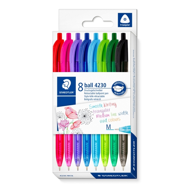 Staedtler 4230 M Pack con 8 Boligrafos Retractiles - Punta 1mm - Ancho de Linea Medio - Diseño Triangular - Colores Surtidos