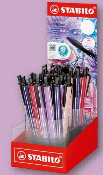 Stabilo Pointball Naturecolors Wildflower Expositor con 38 Boligrafos Retractiles - Trazo 0.5mm - Hechos con 87% Bioplastico - Grip Antideslizante - Recargables - Tinta Azul - Colores Surtidos