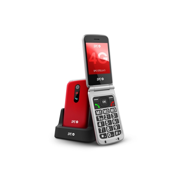 SPC Stella 3 Telefono Movil Para Mayores con Tapa - Boton SOS - Botones y Teclas Grandes - Ayuda Inteligente en Remoto - Acceso Directo a Tres Contactos - Base de Carga y Conector USB Tipo C - Color Rojo