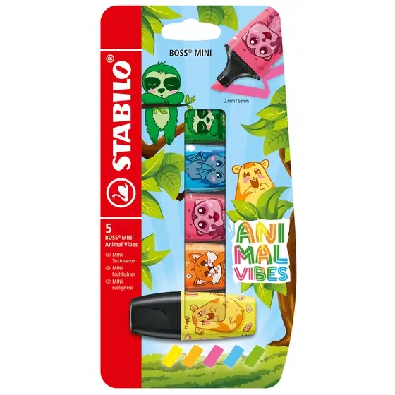 Stabilo Boss Mini Animal Vibes Pack de 5 Mini Marcadores Fluorescentes - Trazo entre 2 y 5mm - Tinta con Base de Agua - Antisecado - Colores Surtidos