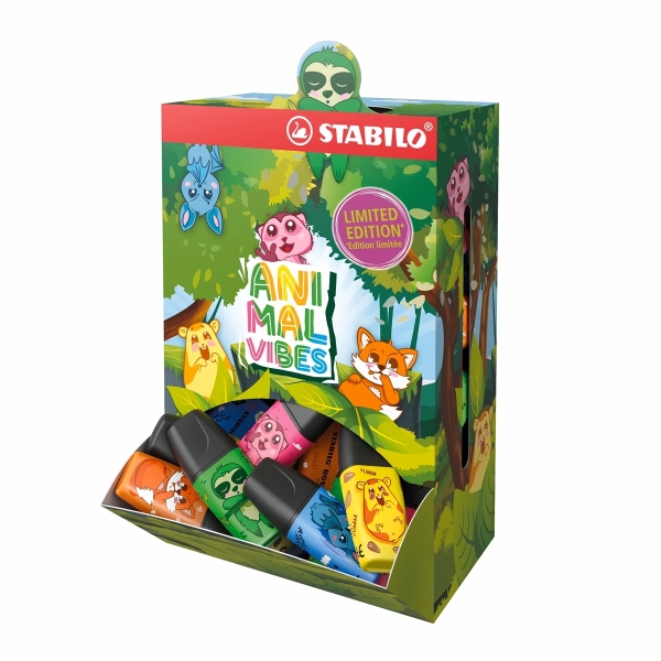 Stabilo Boss Mini Animal Vibes Expositor con 50 Mini Marcadores Fluorescentes - Trazo entre 2 y 5mm - Tinta con Base de Agua - Antisecado - Colores Surtidos