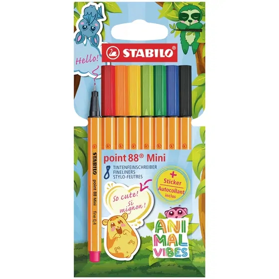 Stabilo Point 88 Mini Animal Vibes Pack con 8 Rotuladores de Punta Fina de Fibra - Incluye 5 Pegatinas Personalizables - Trazo de 0.4 mm - Tinta con Base de Agua - Colores Surtidos