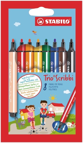 Stabilo Trio Scribbi Pack con 8 Rotuladores - Trazo entre 1,5-2mm - Forma Triangular - Tinta Super Lavable - Colores Surtidos