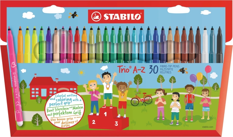 Stabilo Trio A-Z Pack con 30 Rotuladores de Punta Fina de Fibra - Trazo 0.7mm - Tinta Lavable - Zona de Agarre Triangular - Colores Surtidos