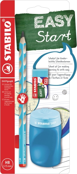 Stabilo Easygraph Pack con Lapiz de Grafito + Sacapuntas con Deposito + Goma de Borrar - Mina HB de 3.15mm - Diseño Ergonomico - Uso Diestro - Color Azul