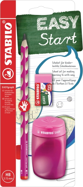 Stabilo Easygraph Pack con Lapiz de Grafito + Sacapuntas con Deposito + Goma de Borrar - Mina HB de 3.15mm - Diseño Ergonomico - Uso Diestro - Color Rosa