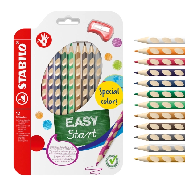 Stabilo Easycolors Special Colors Pack con 12 Lapices de Colores Ergonomicos + Sacapuntas - Mina de 4.2mm - Forma Triangular - Uso Diestro - Colores Surtidos