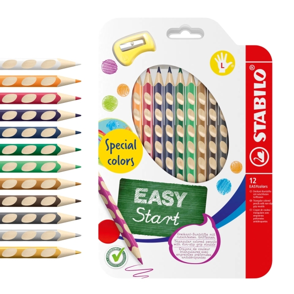 Stabilo Easycolors Special Colors Pack con 12 Lapices de Colores Ergonomicos + Sacapuntas - Mina de 4.2mm - Forma Triangular - Uso Zurdo - Colores Surtidos