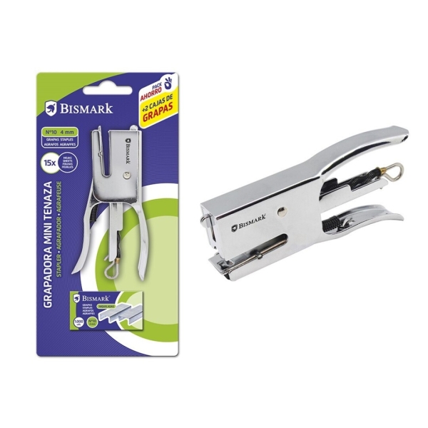 Bismark Grapadora Mini Tenaza Cromada + 2000 Grapas - Capacidad de Grapado 15 Hojas - Diseño Ergonomico - Alta Durabilidad - Color Plata