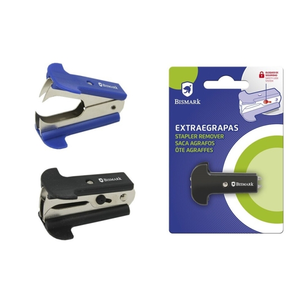 Bismark Quitagrapas Tipo Pinza - Cuerpo Metalico con Empuñadura de Plastico - Cierre de Seguridad - Colores Azul y Negro Aleatorios