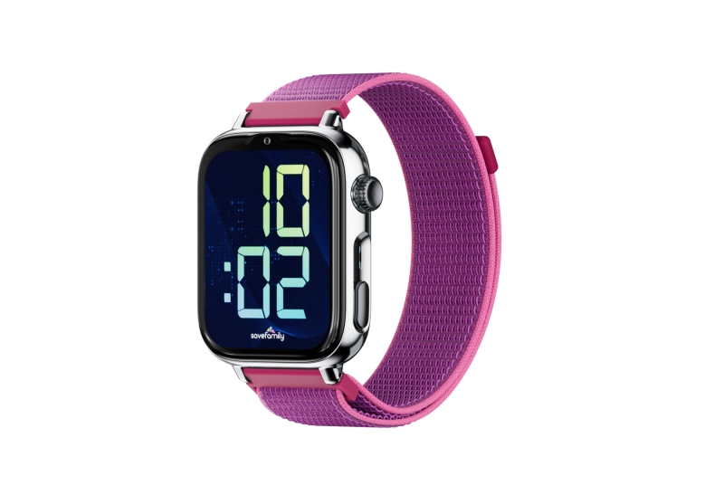 Savefamily Reloj Inteligente Infantil SaveWatch Plus 2 - Pantalla Amoled - Carcasa Plateada - Correa Tela Frambuesa